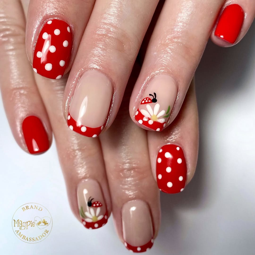 Cute ladybug and flower nail art design