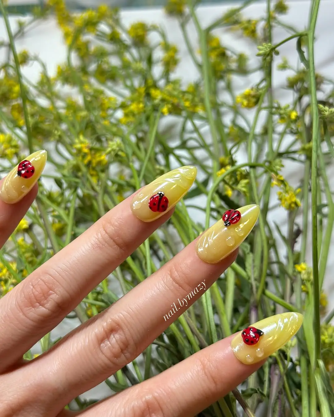 Charming ladybug nails with a sunny vibe