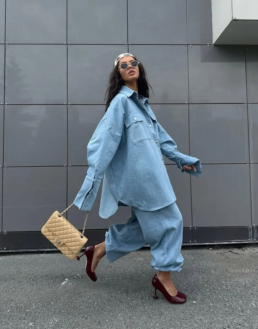 Stylish monochrome blue ensemble for modern vibes