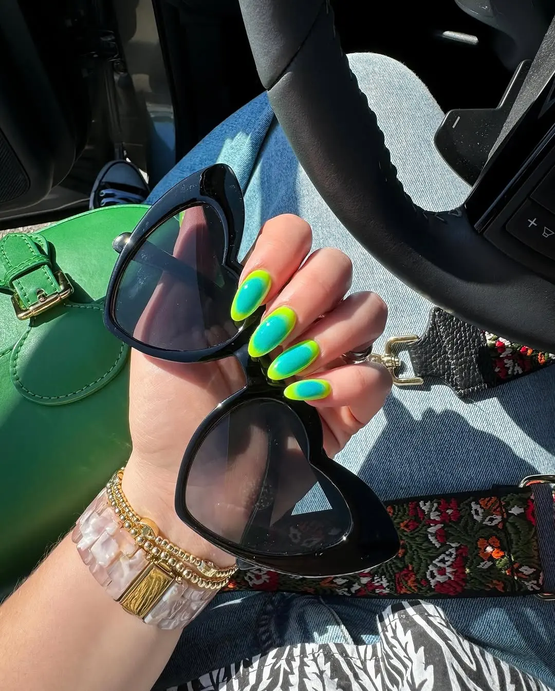 Bold Neon Nails with Heart Sunglasses