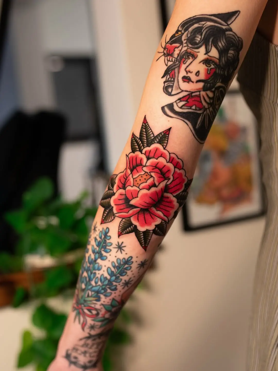 Bold peony and portrait tattoo design