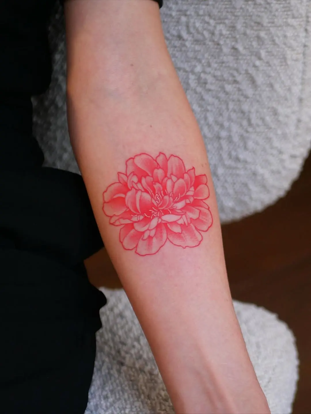Vibrant Red Peony Tattoo on Arm