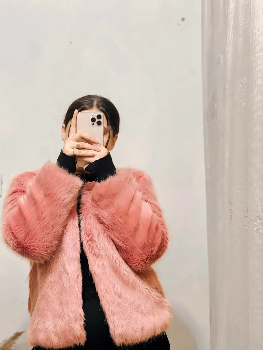 Chic pink faux fur jacket for winter vibes