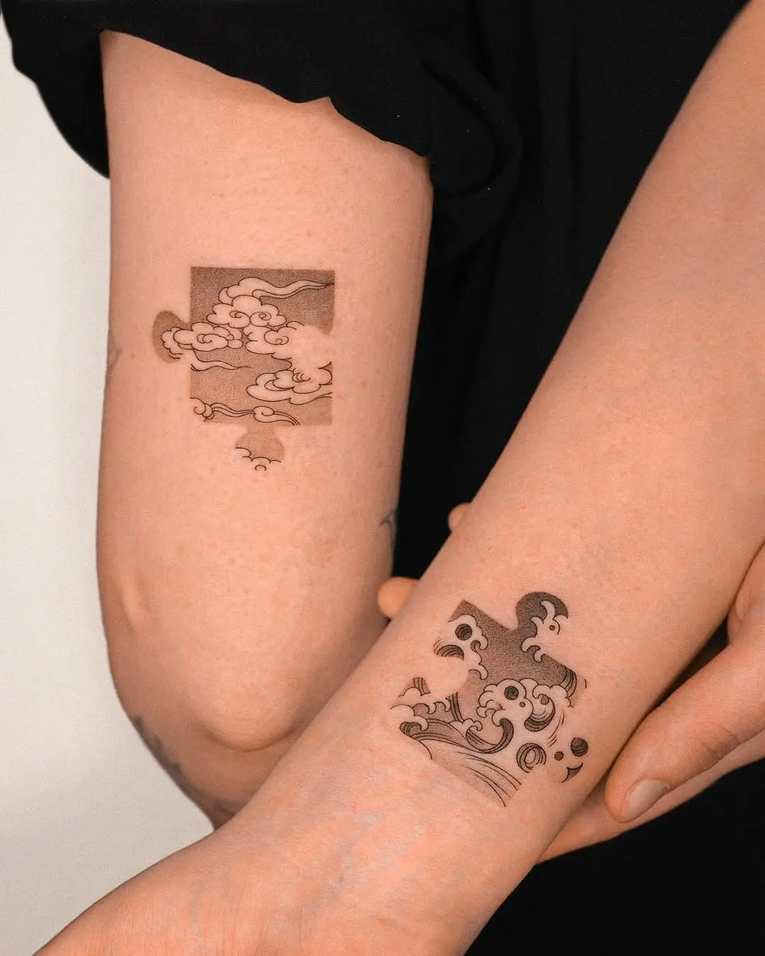 Artistic puzzle tattoo with nature's elements