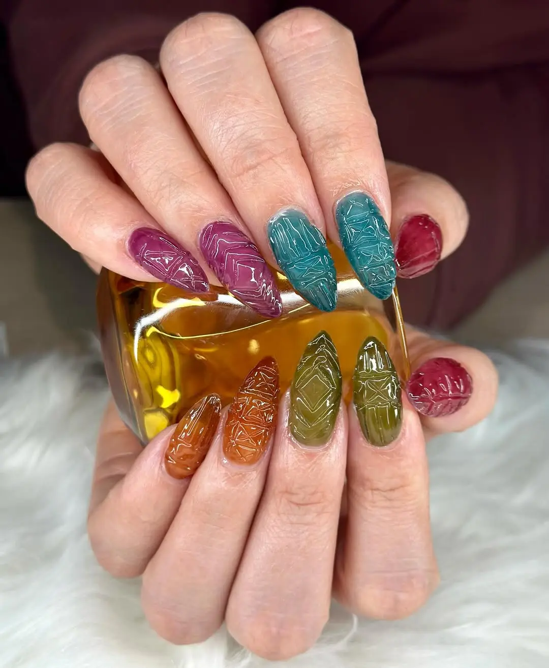 Colorful Geometric Ribbed Glass Nail Designs