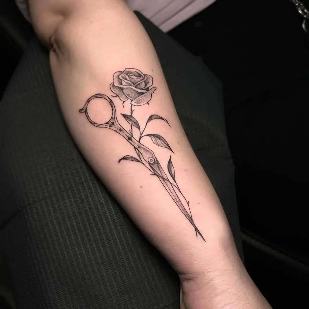 Unique Scissors and Rose Tattoo Design