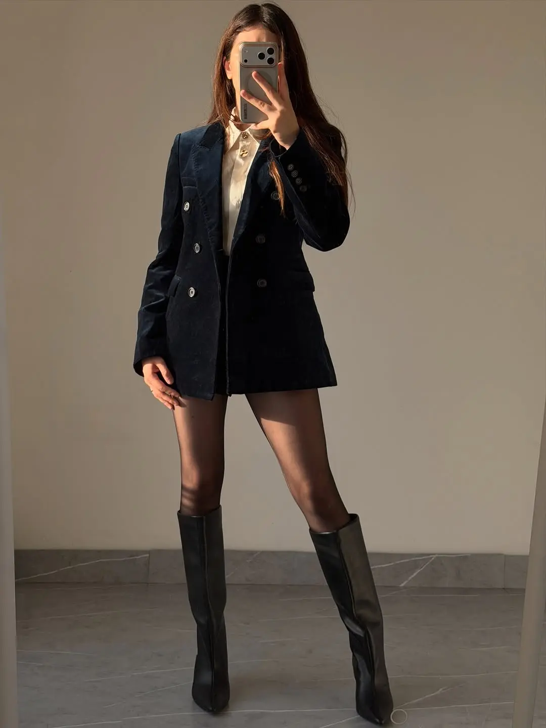 Chic Velvet Blazer with Knee-High Boots