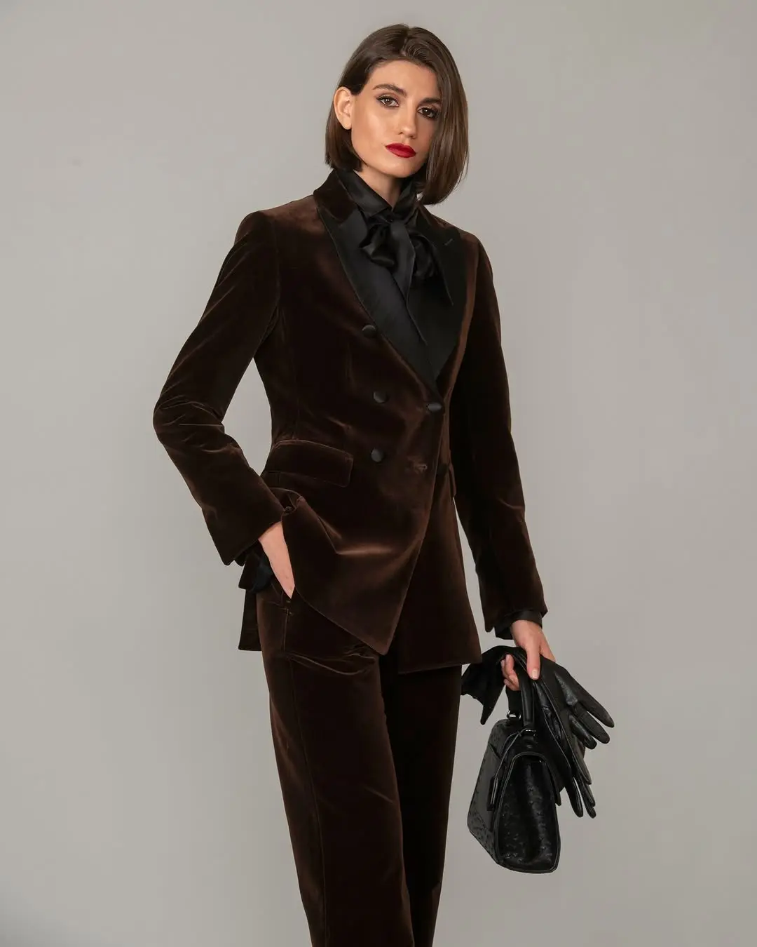 Chic brown velvet blazer with tailored pants