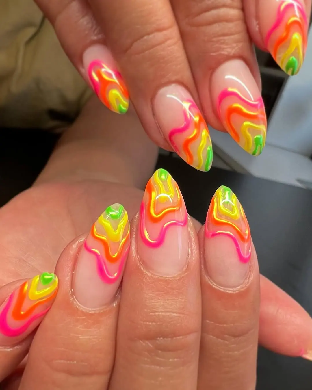 Colorful wavy neon nail art design