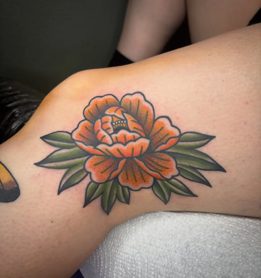 Stunning Orange Peony Tattoo with Bold Lines
