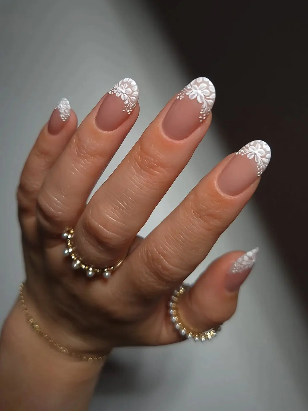 Elegant Floral Matte French Tip Wedding Nails