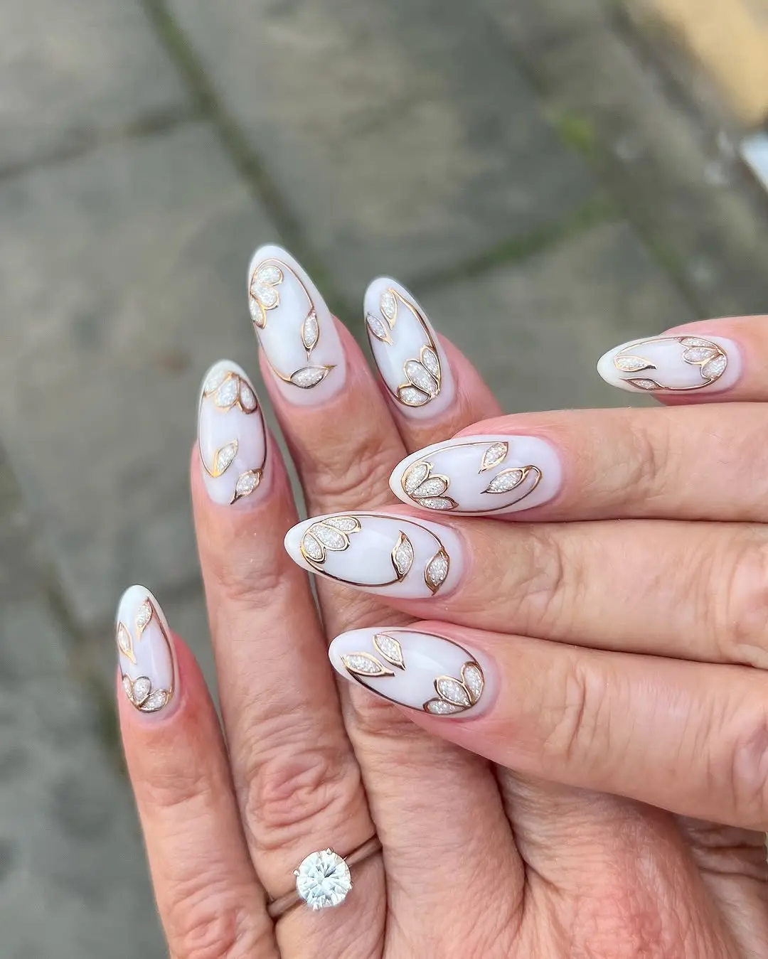 Elegant Floral Wedding Nails in Soft White