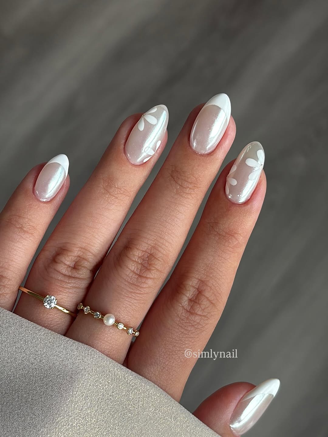 Elegant floral French tip wedding nails