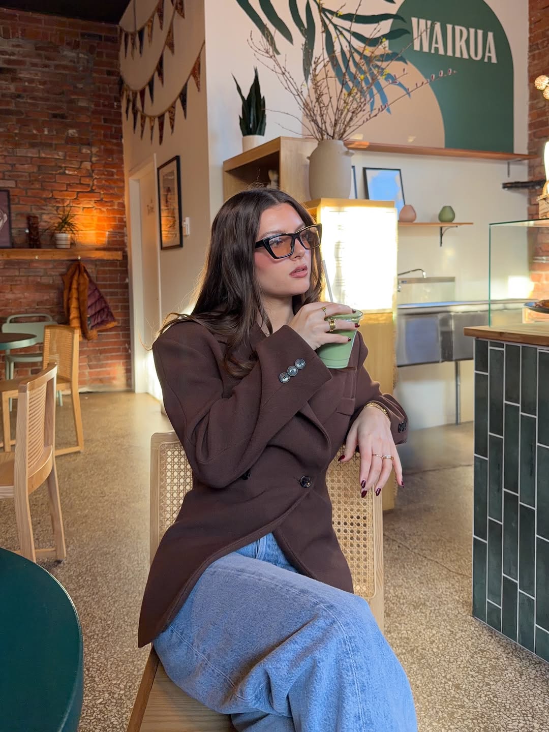 Chic winter cafe vibes with a brown blazer