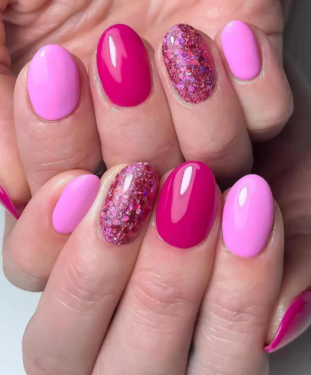 Playful pink hues with dazzling glitter accent