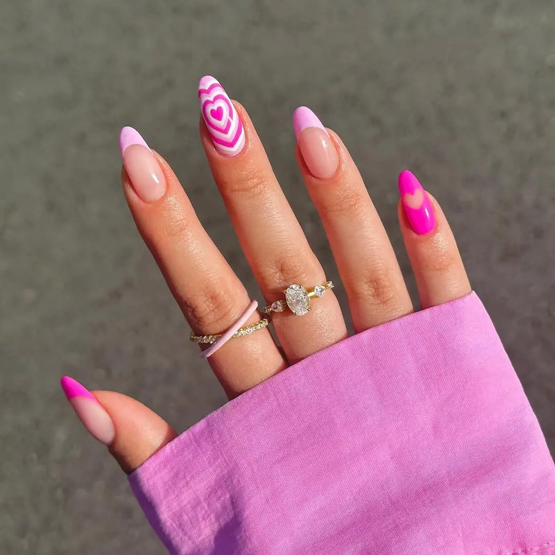 Vibrant Barbie-Inspired Heart Nail Art