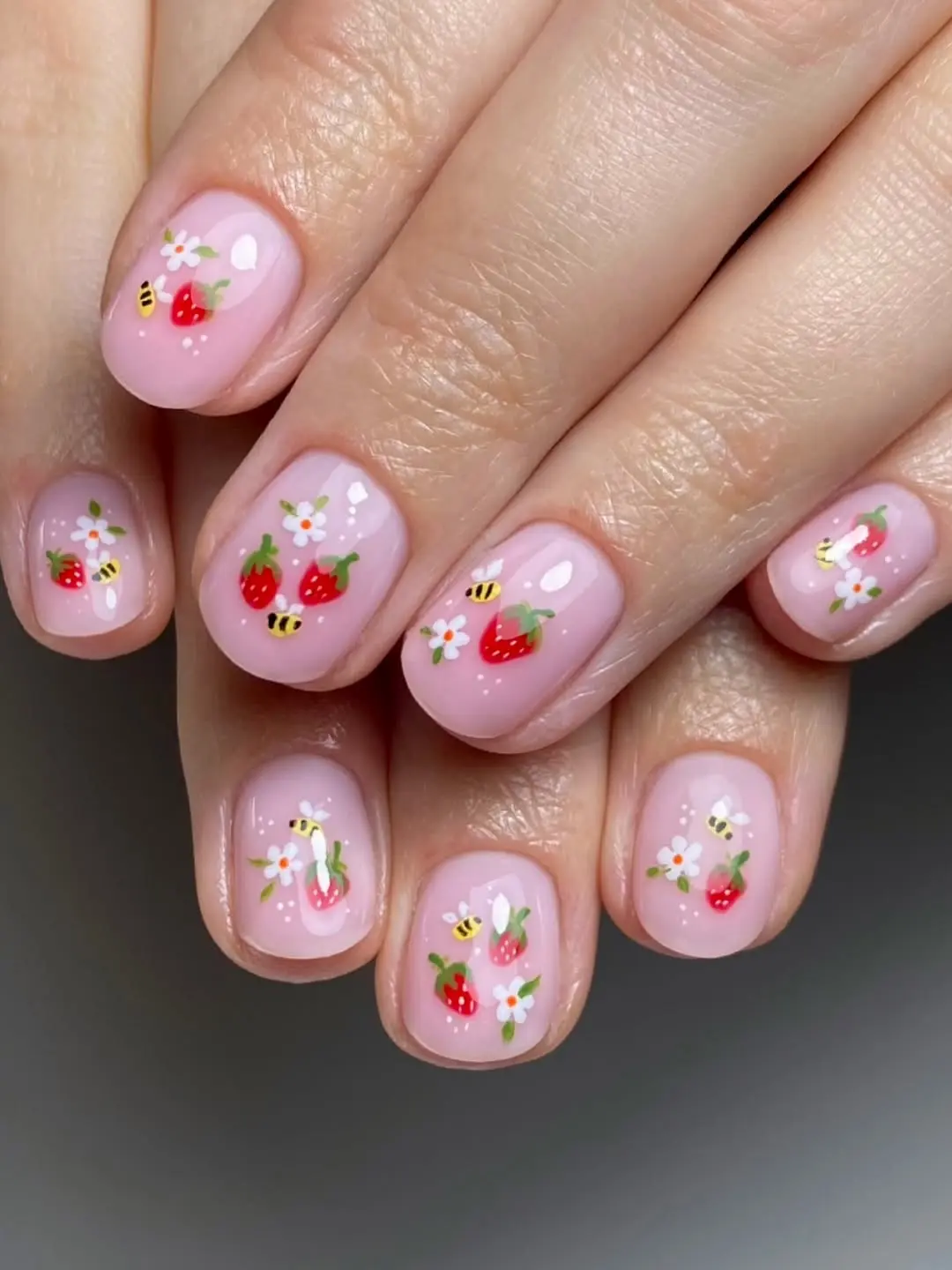 Cute bee and strawberry nail art design