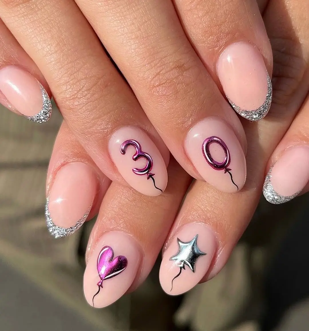 Chic birthday nails with playful balloon designs