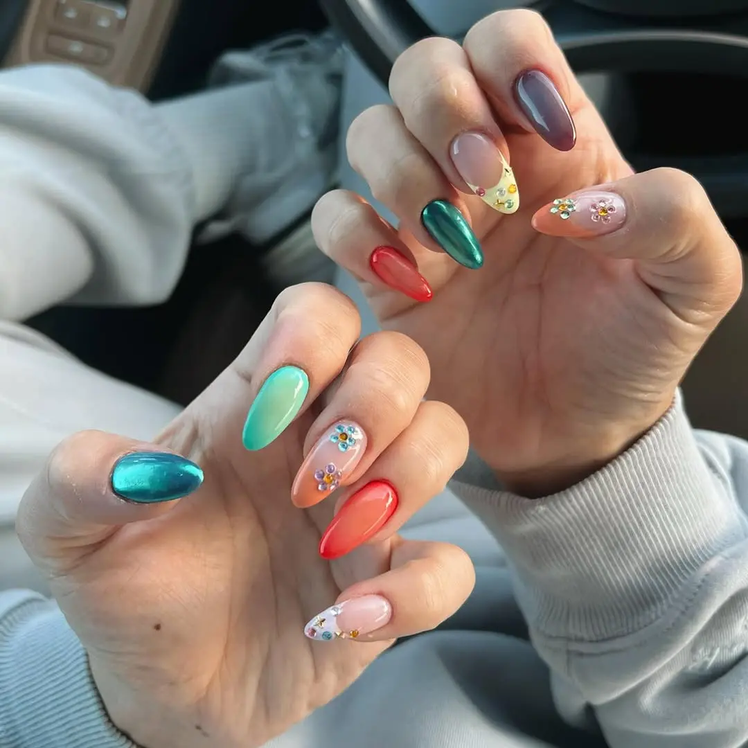 Vibrant birthday nails with floral accents