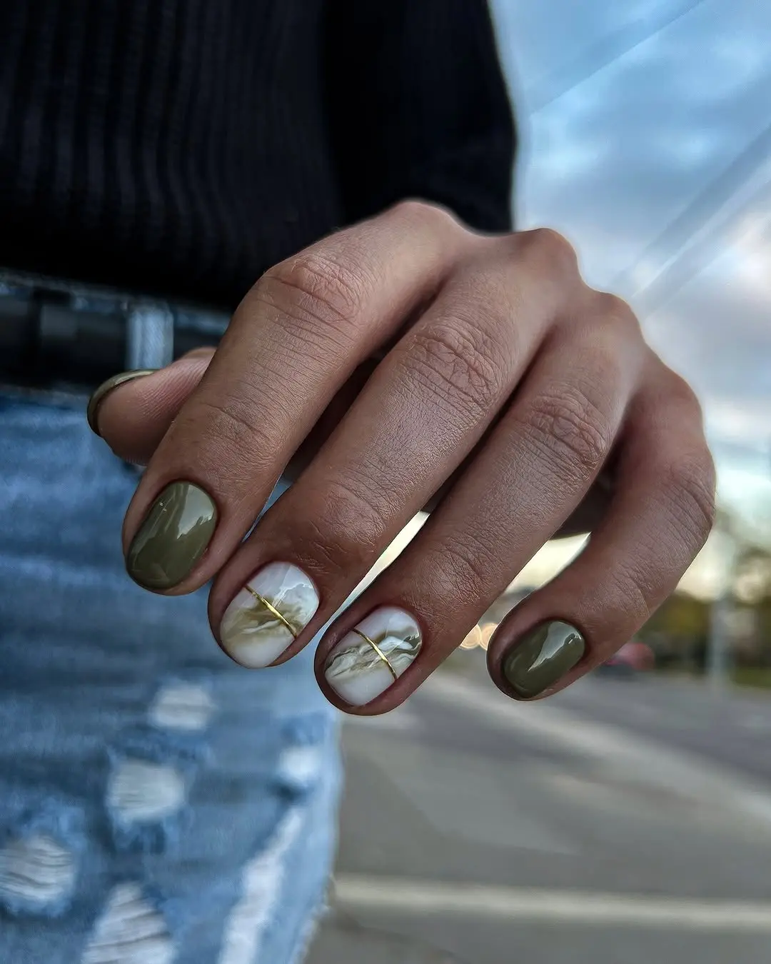 Stylish Olive Green and Marble Birthday Nails