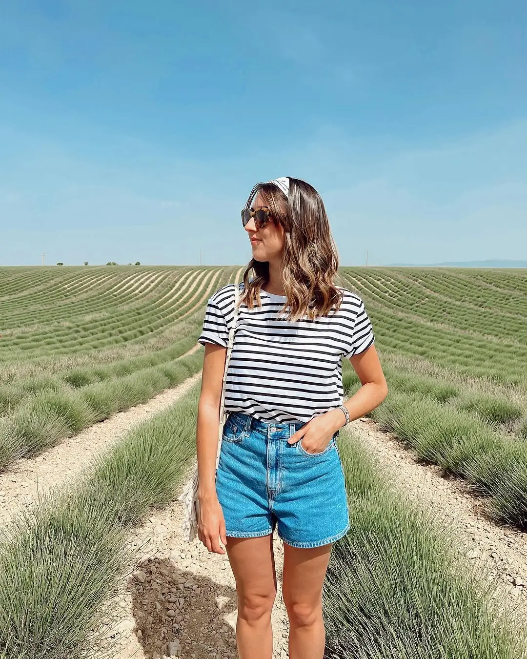 Chic striped shirt and denim shorts ensemble