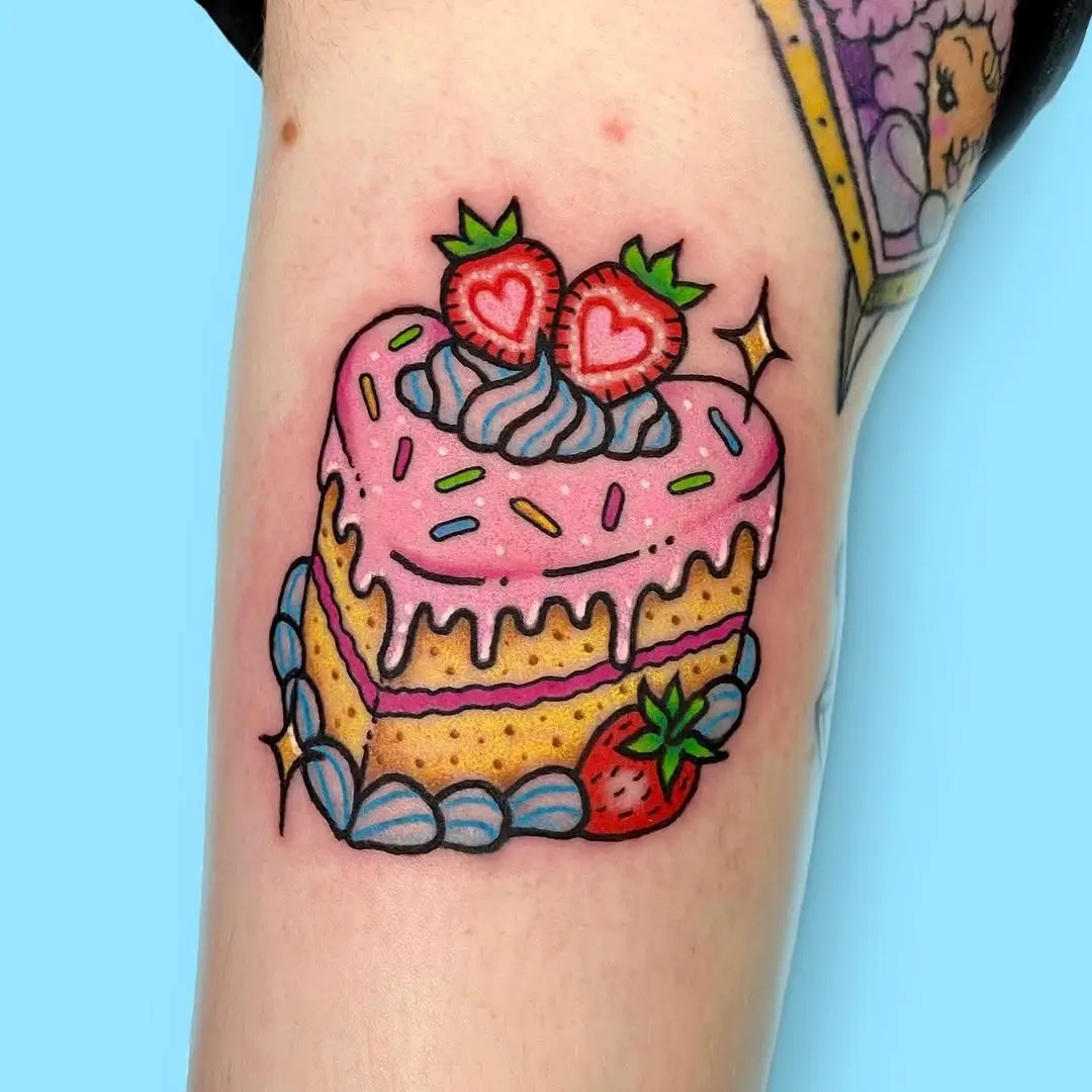 Sweet heart-shaped cake tattoo with strawberries