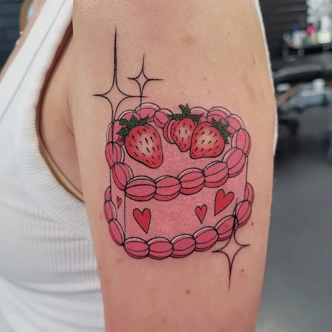 Charming Strawberry Cake Tattoo Delight