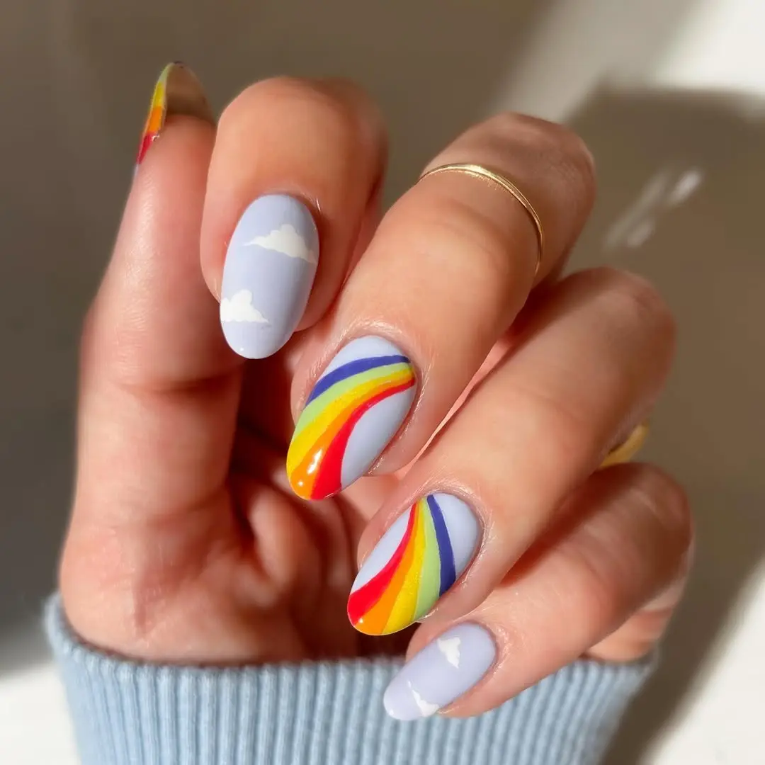 Vibrant Cloudy Rainbow Nail Art Design