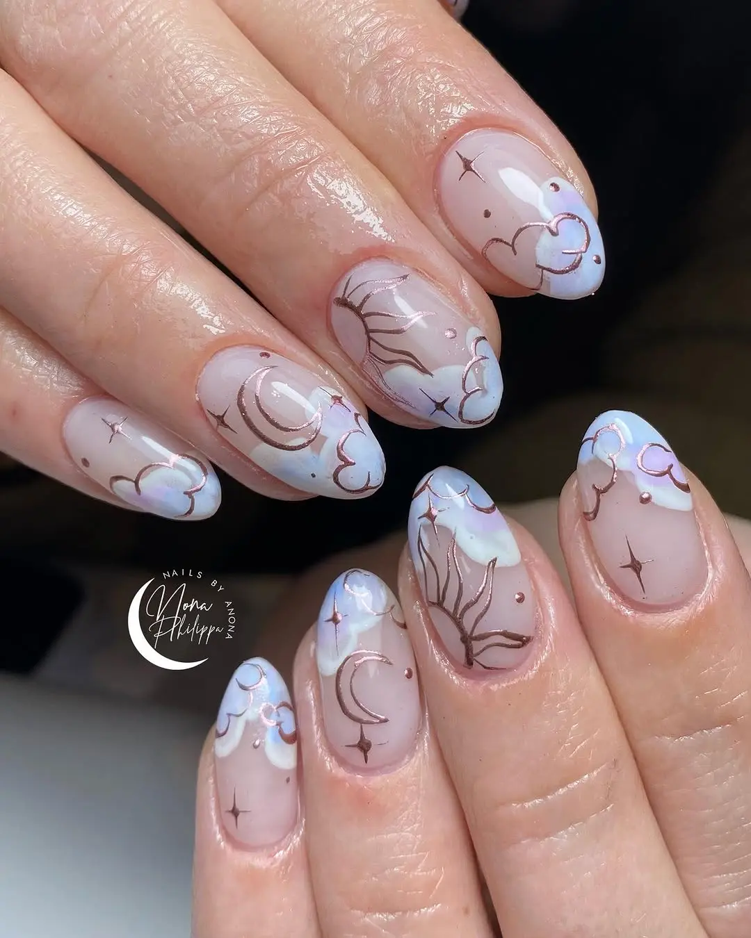 Dreamy cloud nails with celestial details