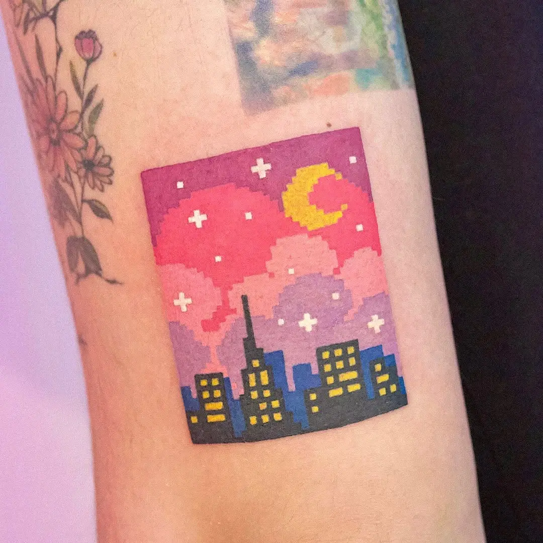 Vibrant cityscape tattoo with pastel colors