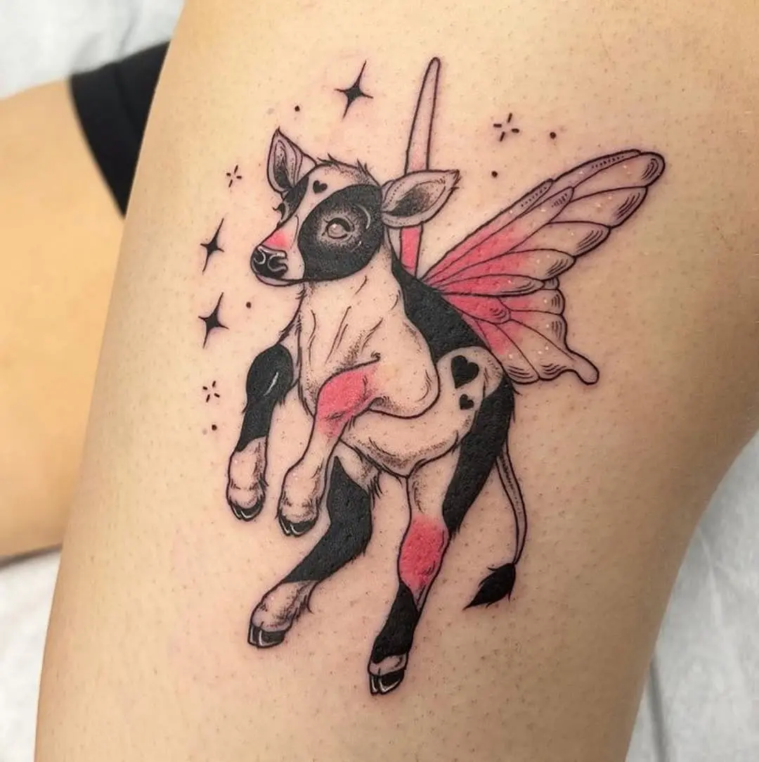 Whimsical cow fairy tattoo design