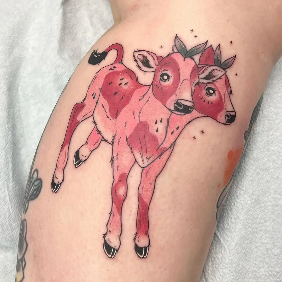 Whimsical cow tattoo showcasing twin calves