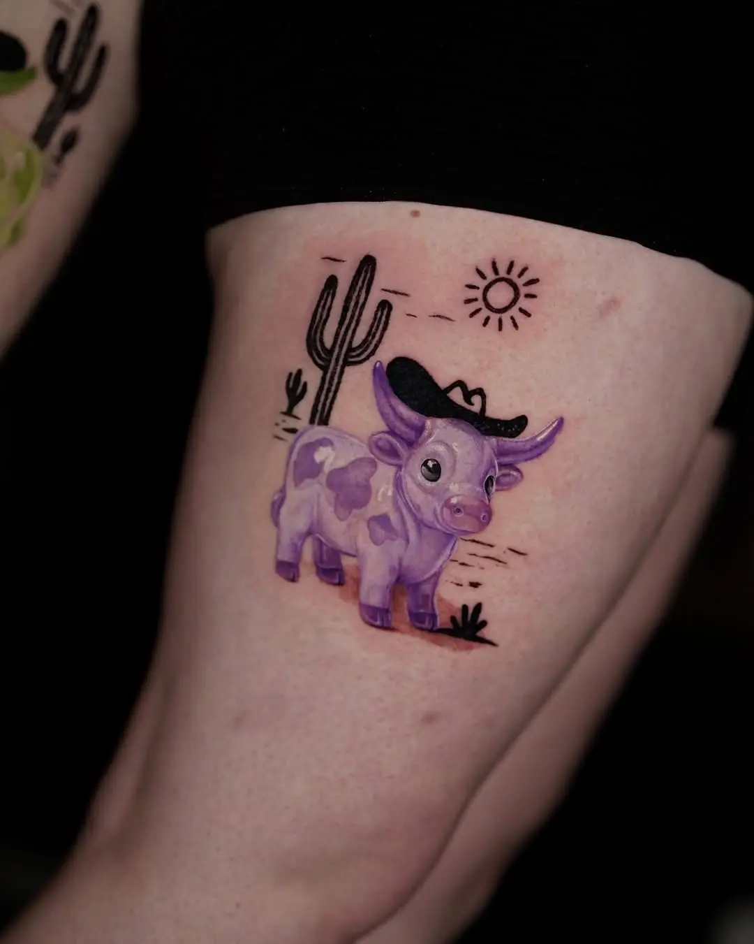 Playful purple cow with a cowboy hat