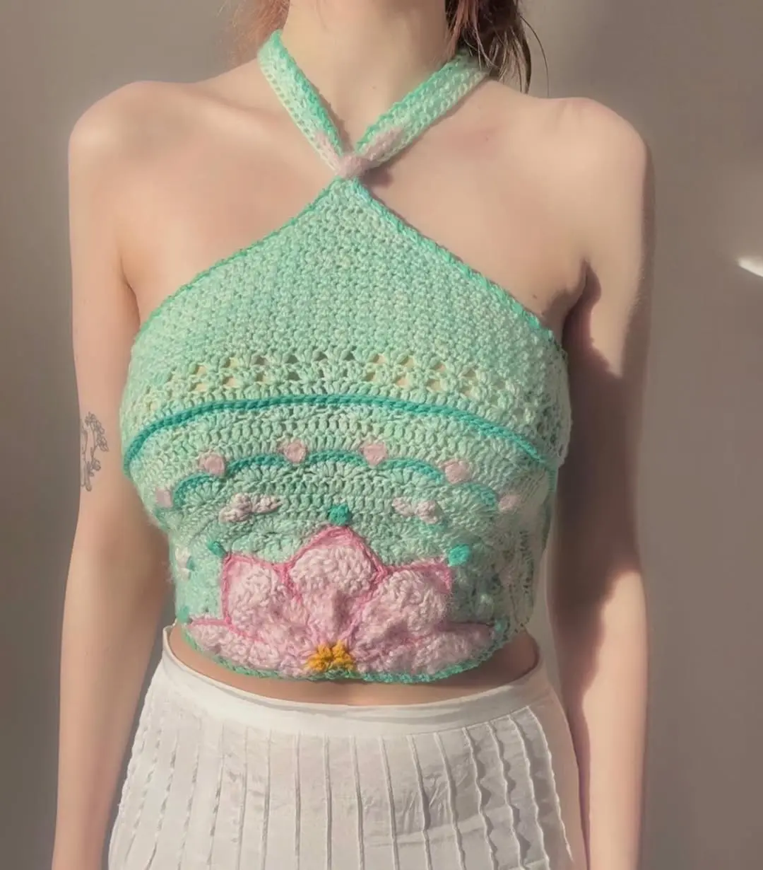 Charming Hand-Crocheted Top with Floral Accents