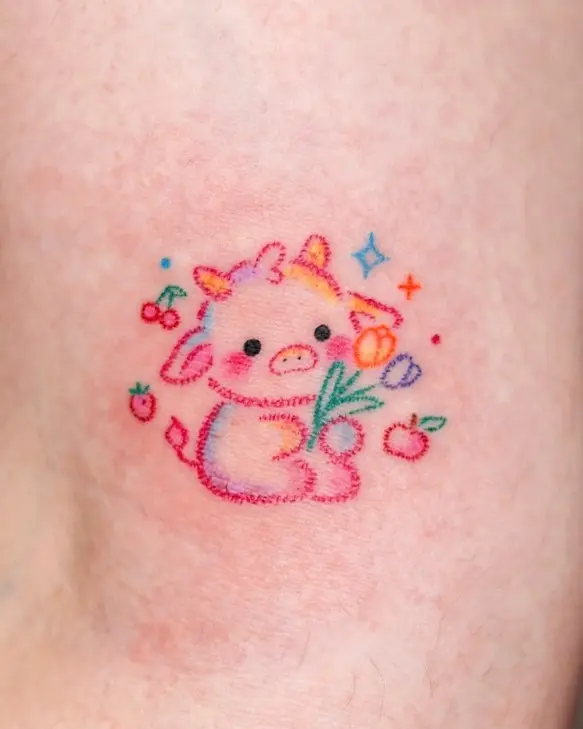 Adorable colorful cow tattoo with flowers