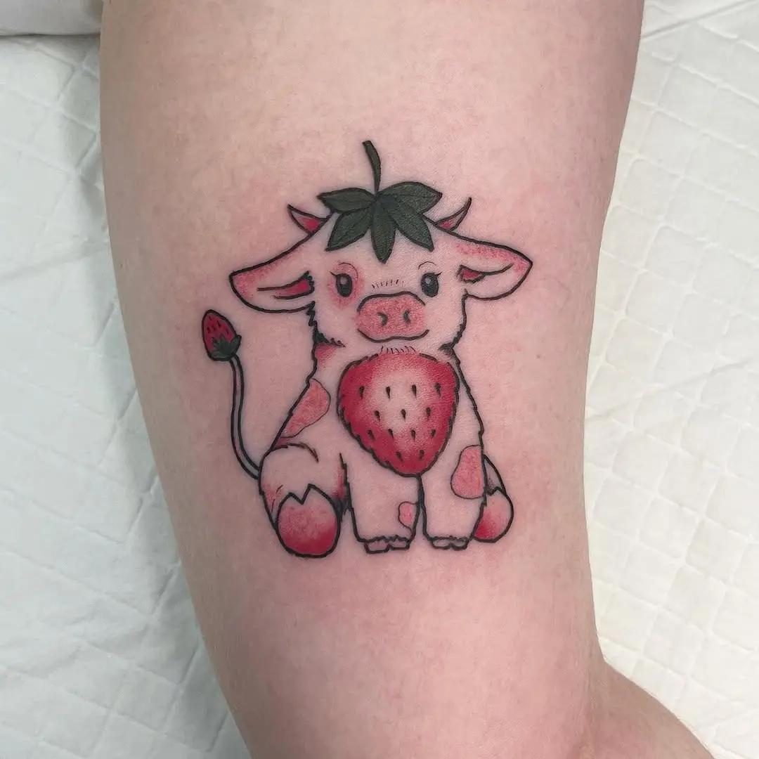 Adorable cow tattoo with strawberry charm