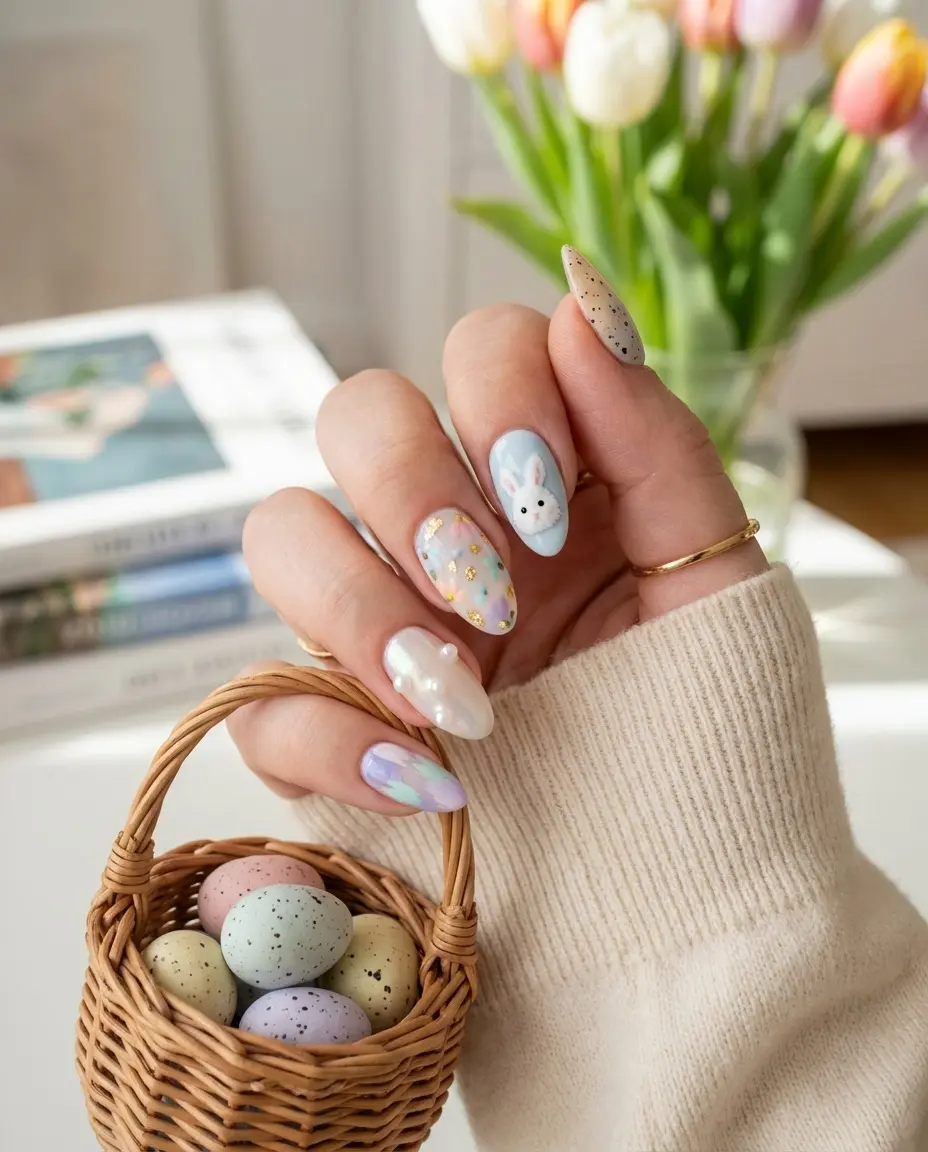 Charming Easter nails with playful bunny design
