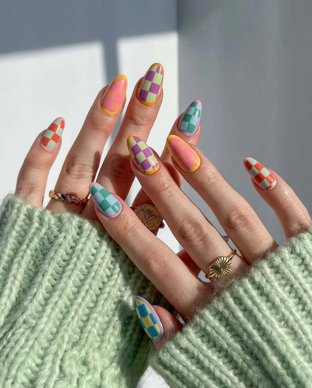 Playful Pastel Checkered Easter Nail Design
