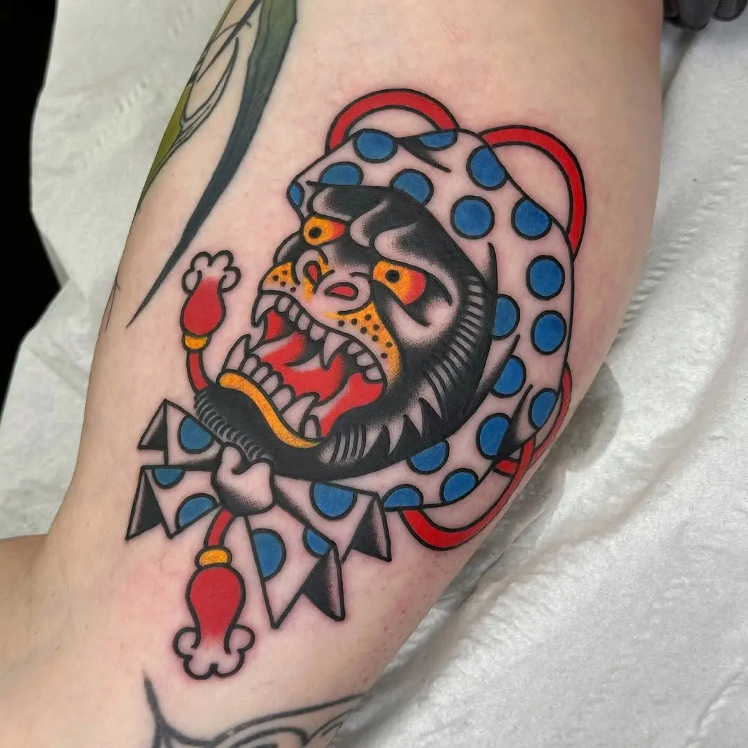 Whimsical vintage-style gorilla tattoo design