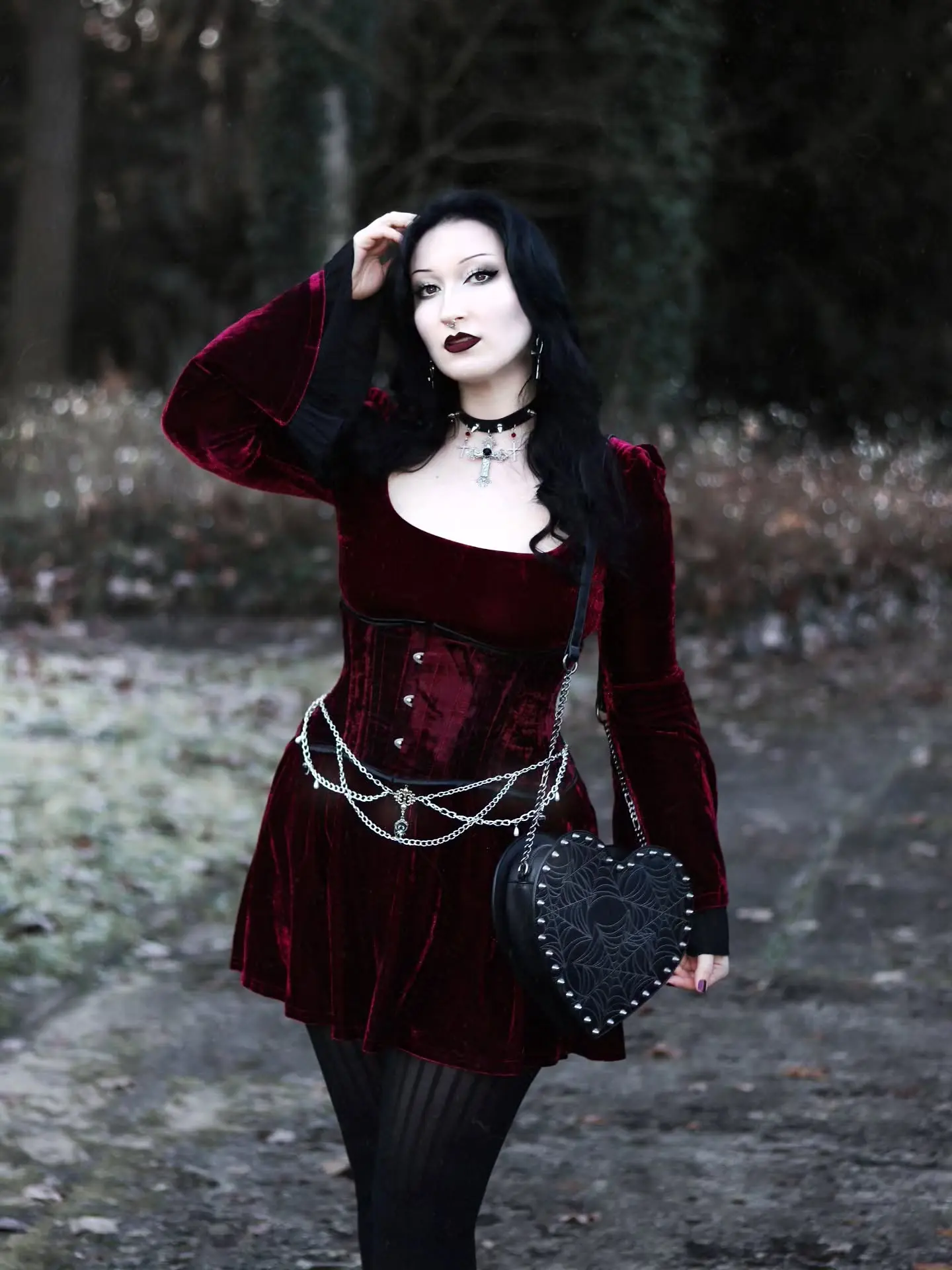 Elegant gothic red velvet corset dress