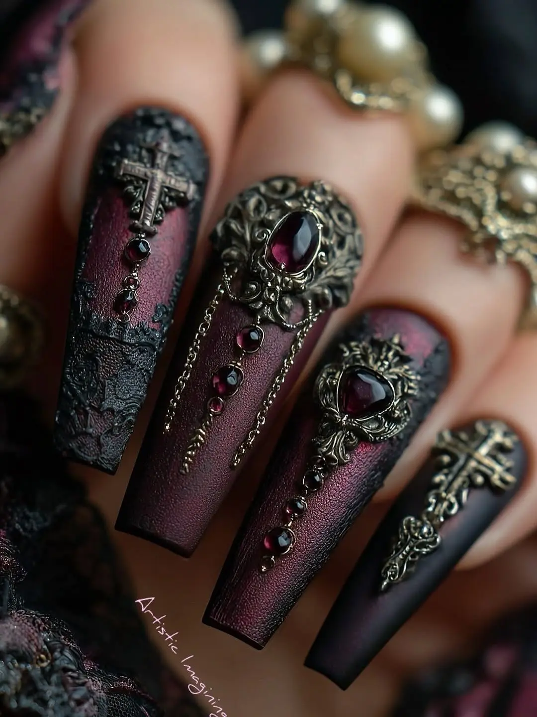 Exquisite Gothic Nail Art with Intricate Details