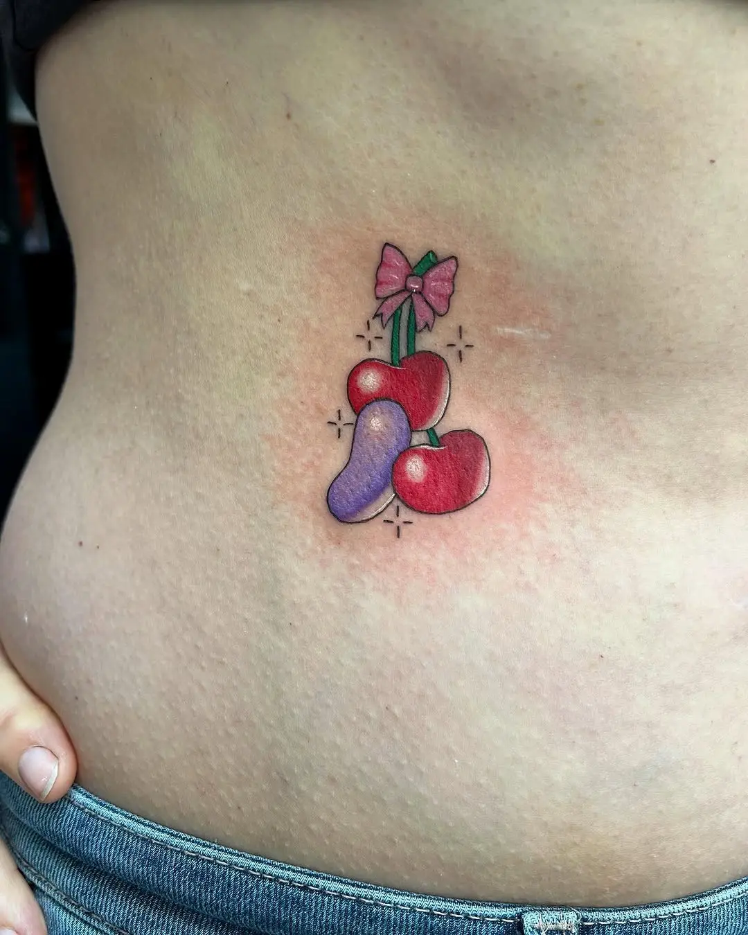 Colorful Jelly Bean Cherry Tattoo with Bow