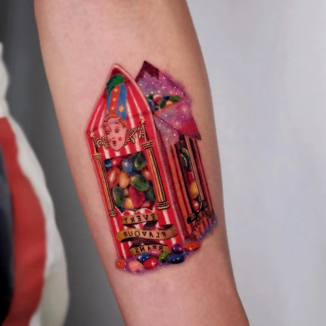 Whimsical jelly bean candy jar tattoo design