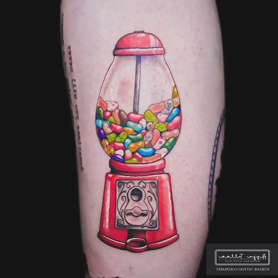 Colorful gumball machine with jelly beans tattoo