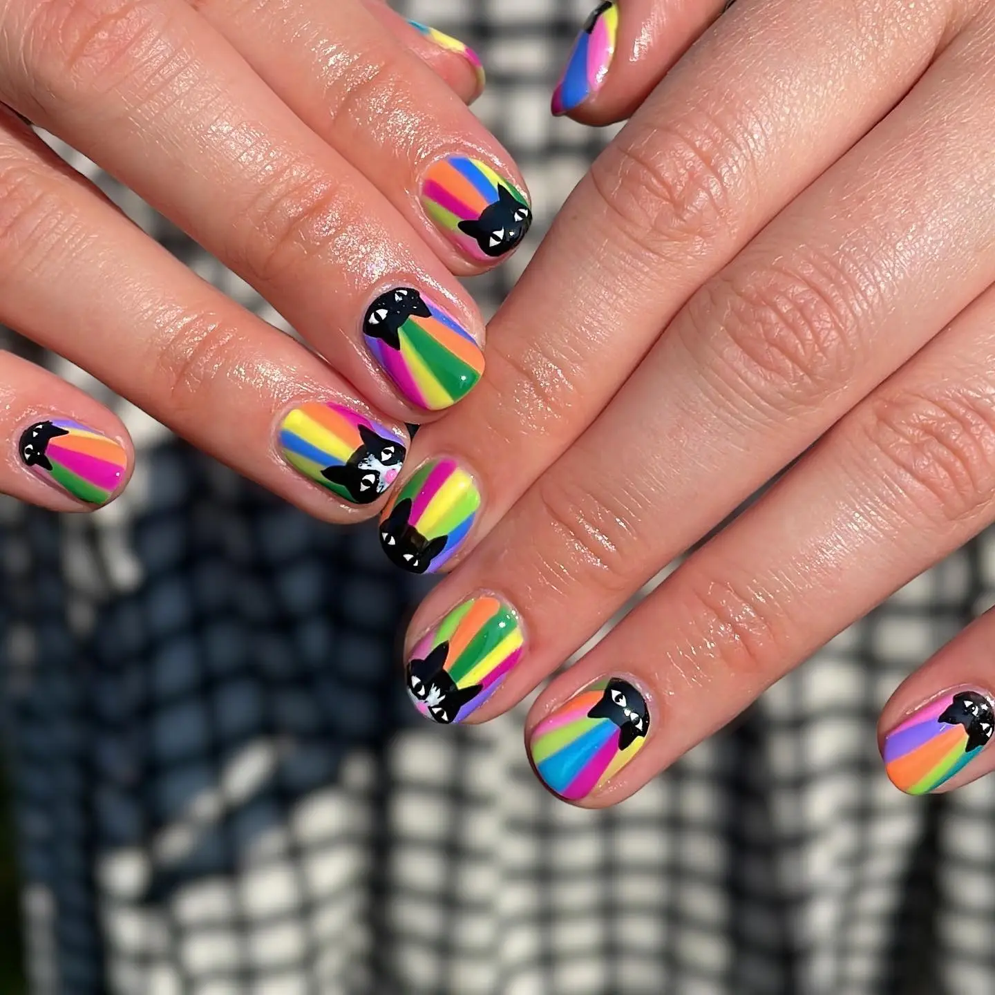 Vibrant rainbow nails with playful cat accents