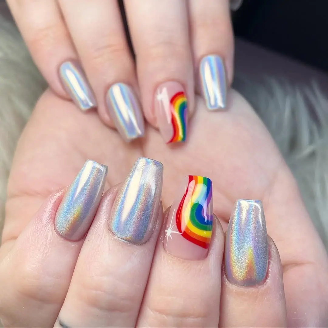 Vibrant holographic rainbow nail art design