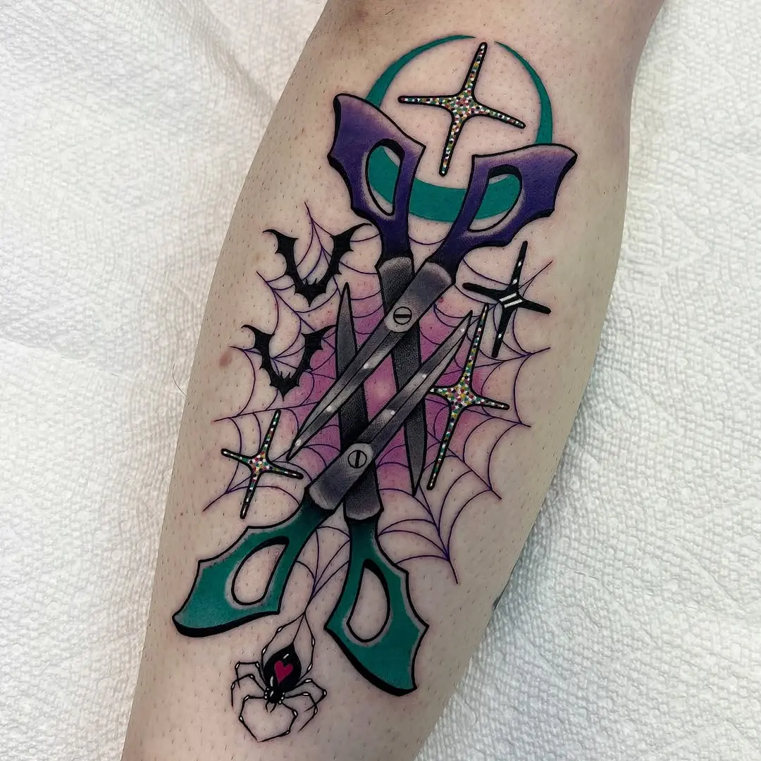 Vivid Scissors Tattoo with Spider and Web
