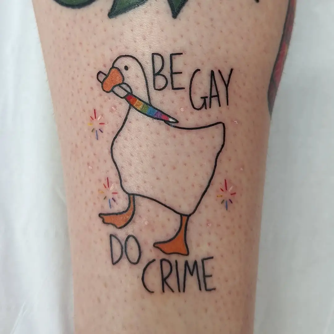 Whimsical tattoo with a playful message