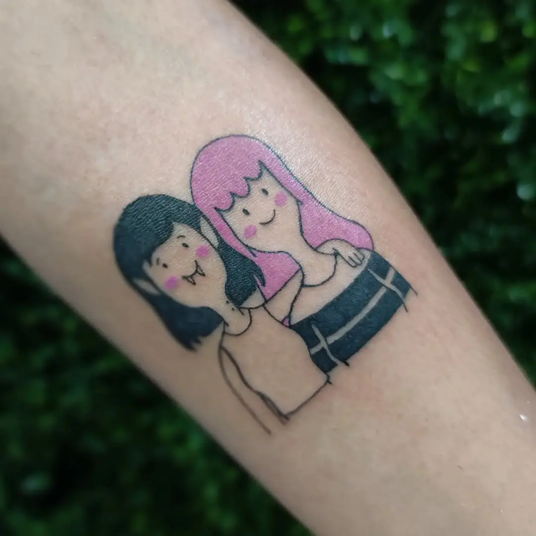 Colorful tattoo celebrating friendship and love