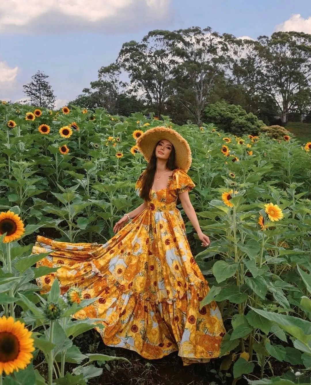 Charming Maxi Dress in a Sunflower Field